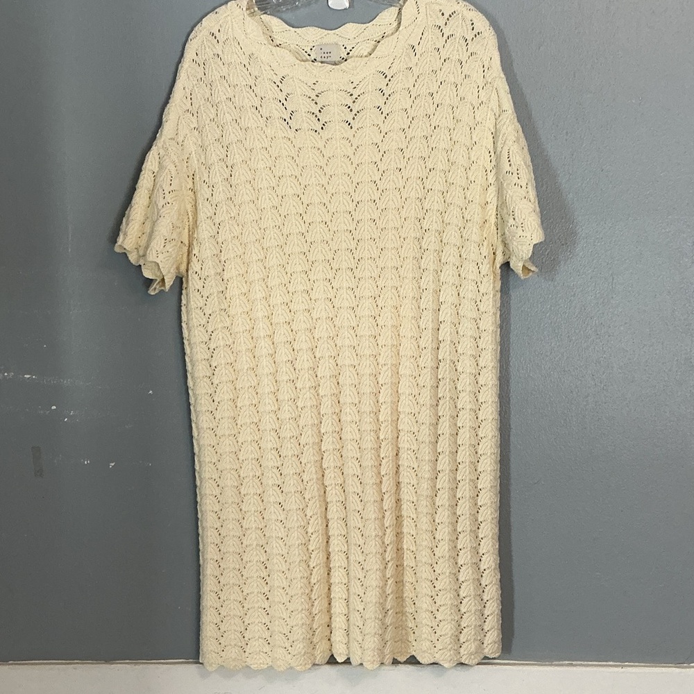 A New Day Womens Short Sleeve Pointelle Off White Mini Sweater Dress Sz XL